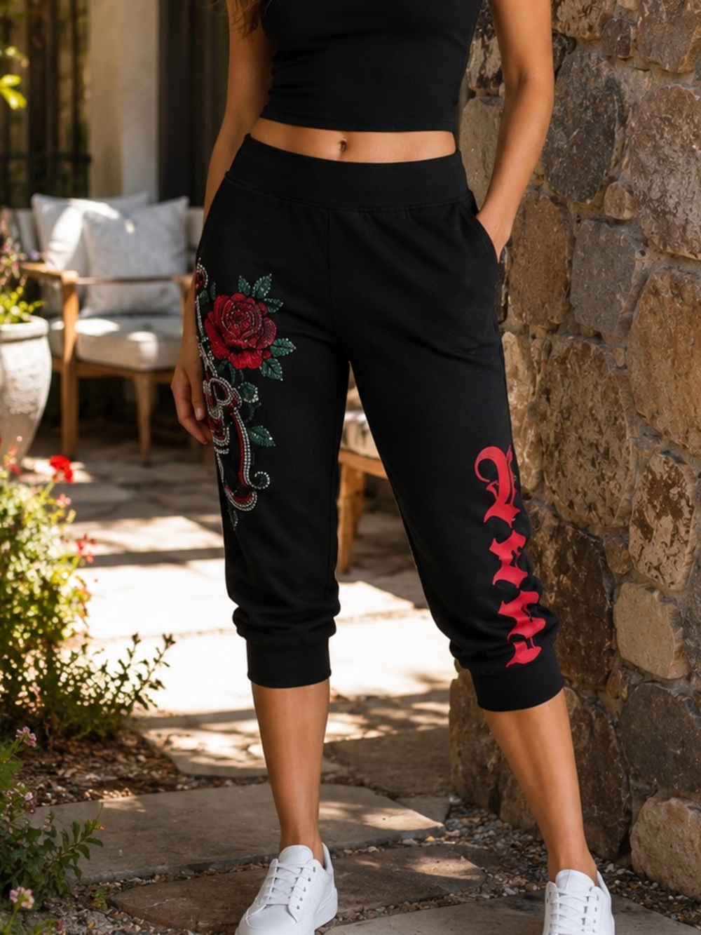 SINFUL Cropped Capri Joggers Rhinestone Panther Rose Graphic Y2K Lounge Pants M